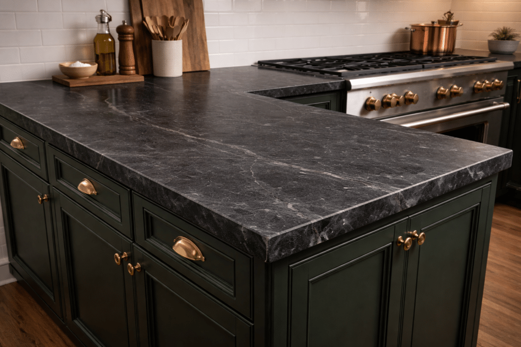 Soapstone countertop on kitchen cabinets