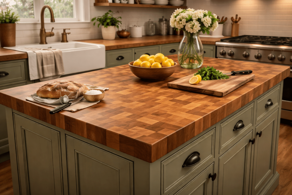 Butcher block kitchen countertop