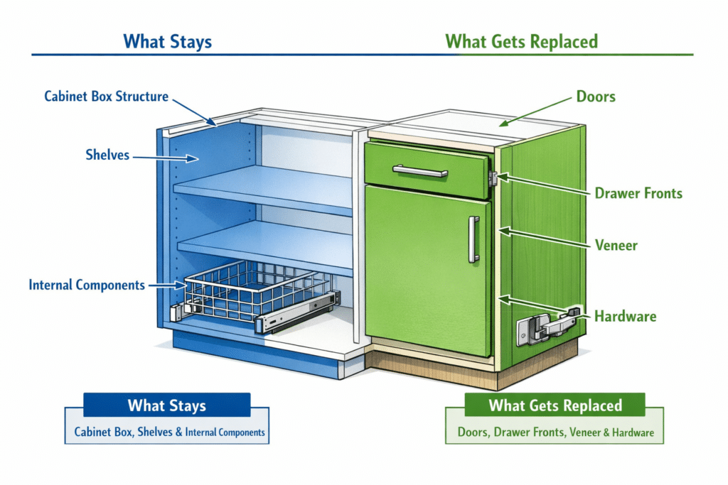 Detailed diagram showing cabinet box with labels pointing to what stays (cabinet box structure, shelves, internal components) highlighted in blue versus what gets replaced (doors, drawer fronts, veneer, hardware) highlighted in green. Cross-section view style with clean technical illustration look