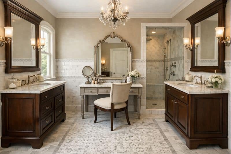 remodeled bathroom with makeup station