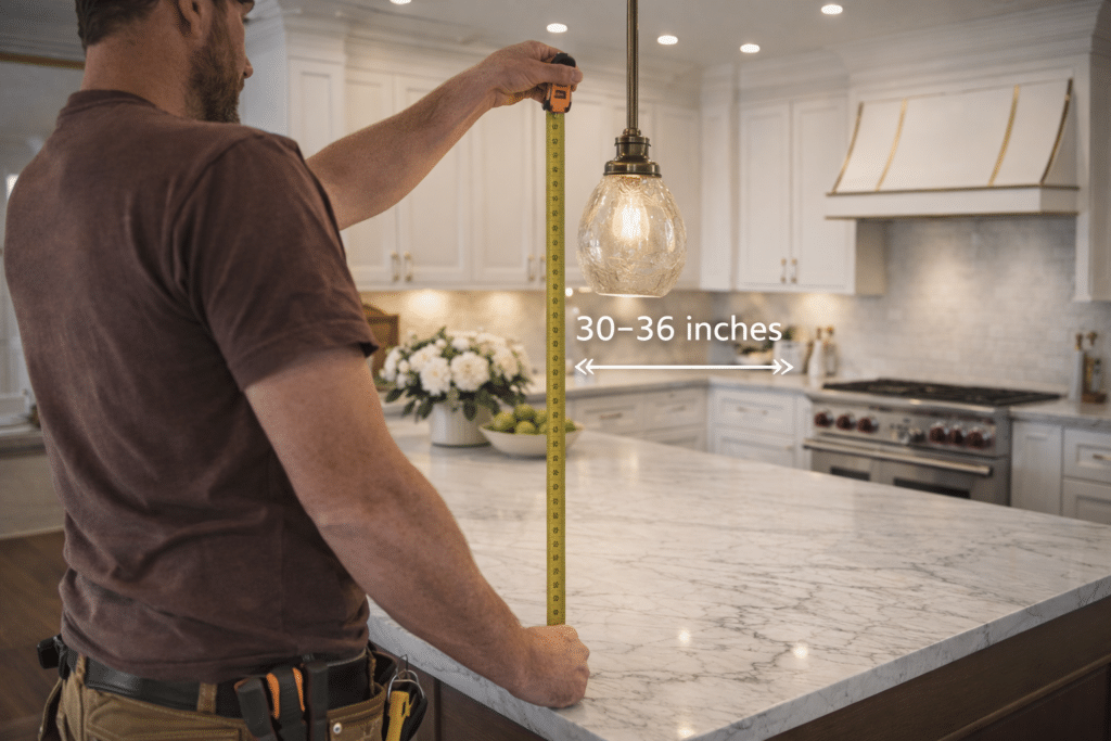 Measuring tape showing proper pendant light height of 30-36 inches above kitchen island counter surface with pendant fixture visible