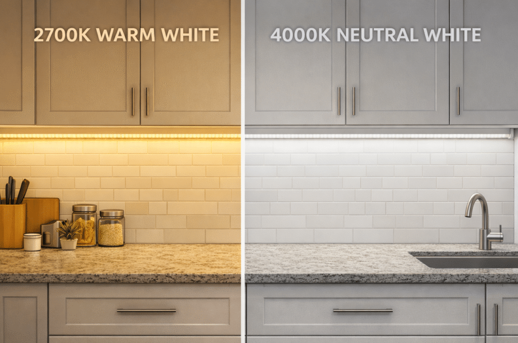 Side by side comparison of kitchen lighting at 2700K warm white versus 4000K neutral white showing color difference on white cabinets and countertops