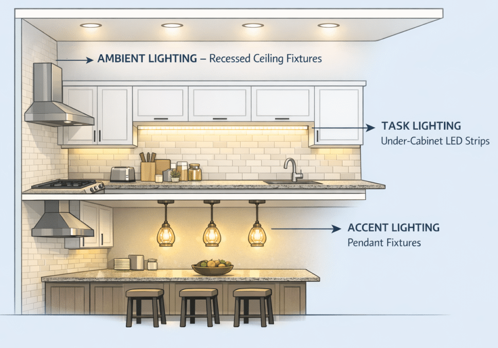 Diagram showing three layers of kitchen lighting - ambient ceiling fixtures, task under-cabinet lights, and accent pendant fixtures with labels