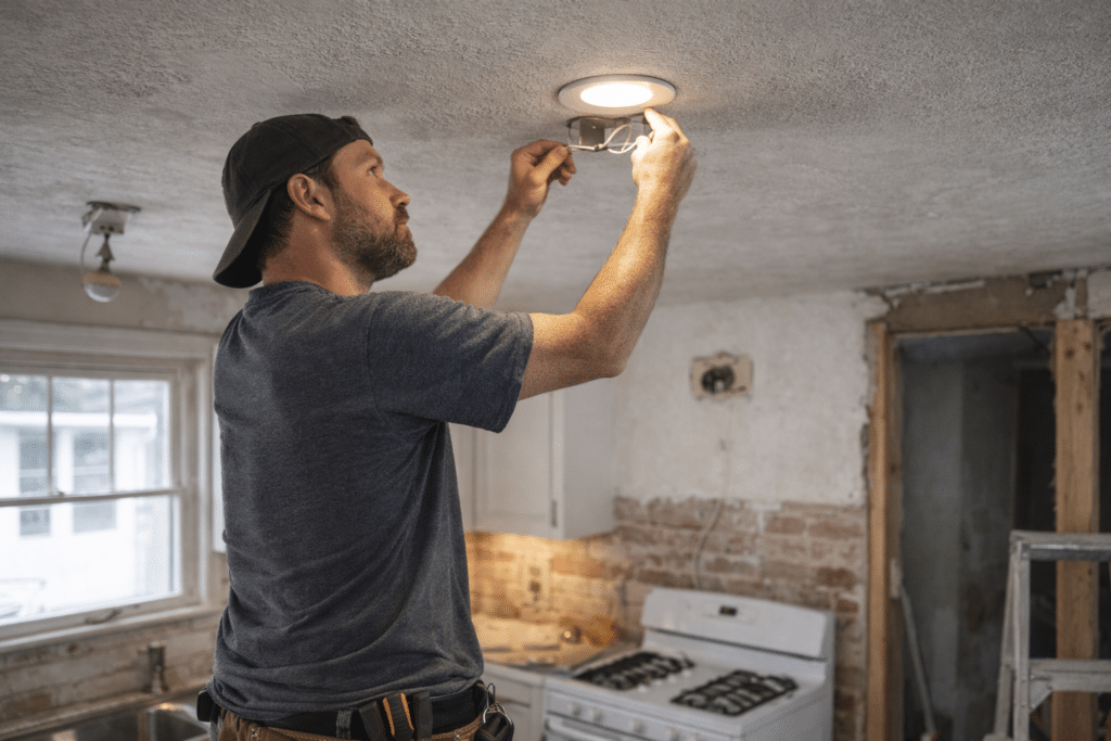 Contractor installing shallow-profile LED recessed lighting in plaster ceiling of 1920s Southern Ohio kitchen during renovation
