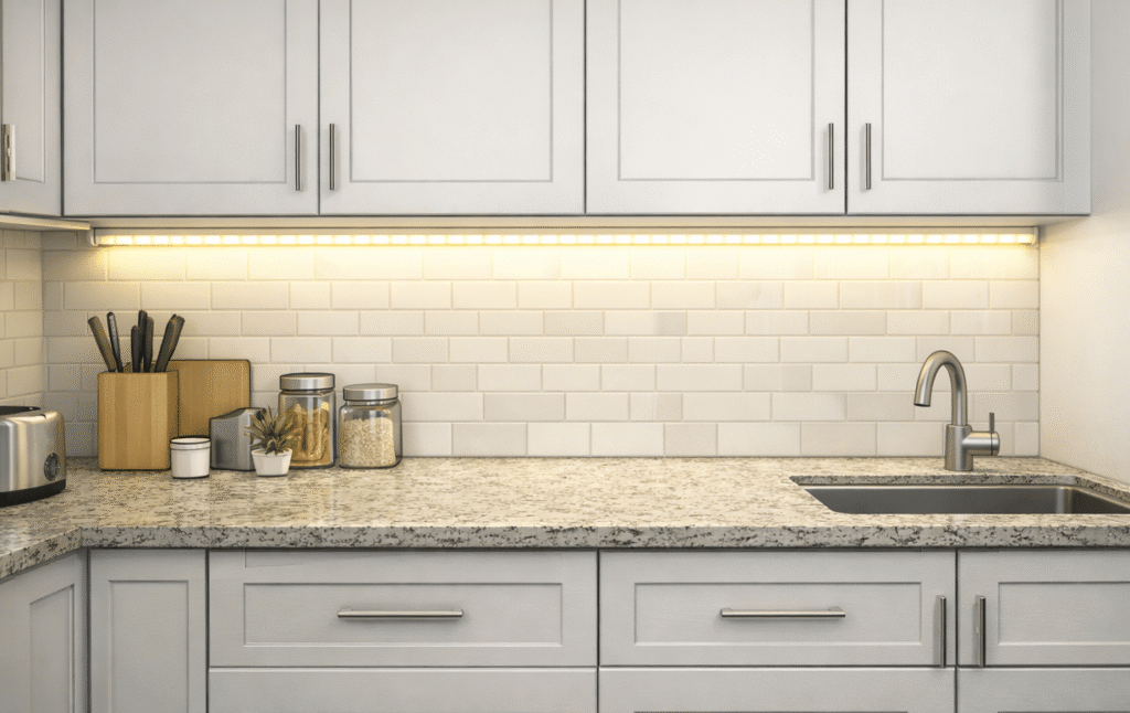 Under-cabinet LED strip lighting installed beneath white kitchen cabinets illuminating granite countertop workspace without shadows