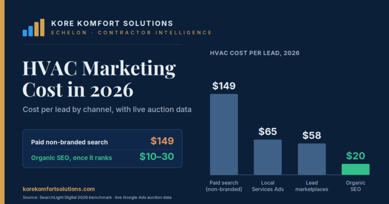 HVAC marketing cost per lead by channel in 2026, paid non-branded search $149, local services ads $65, lead marketplaces $58, organic SEO $10 to $30.