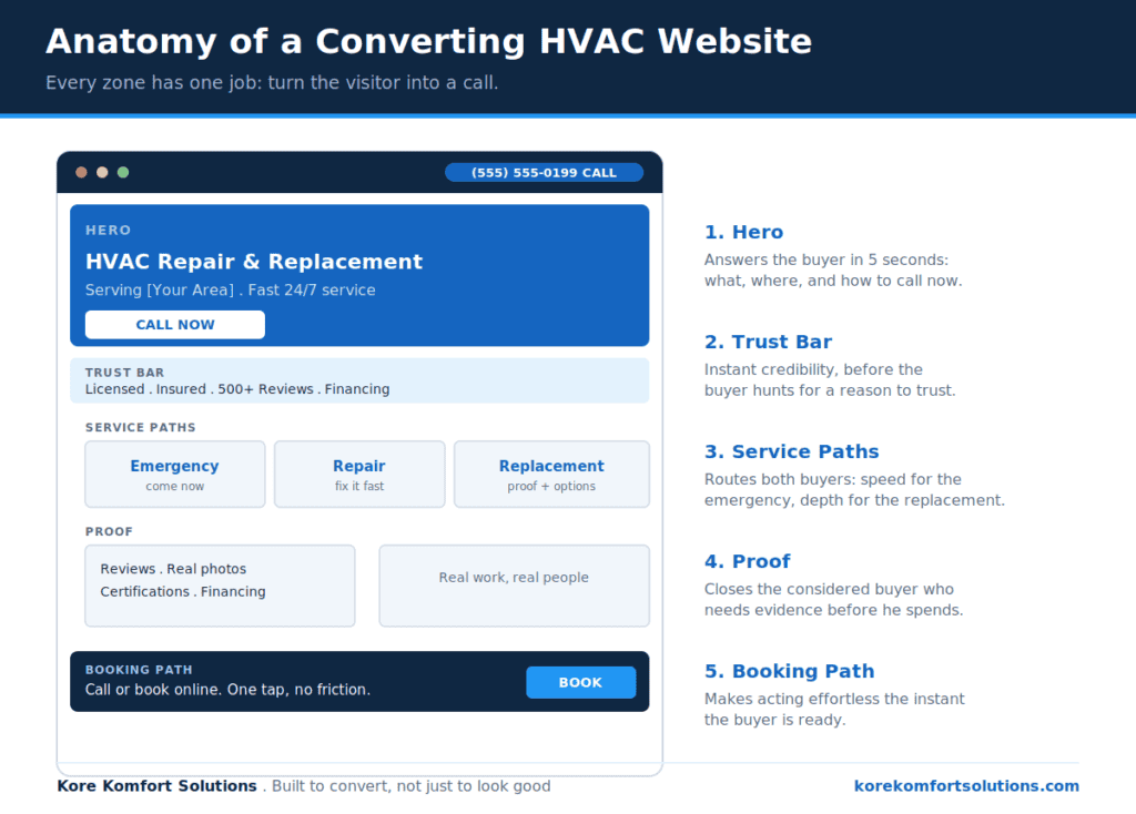 The anatomy of a converting HVAC website: hero, trust bar, service paths, proof, and booking path.